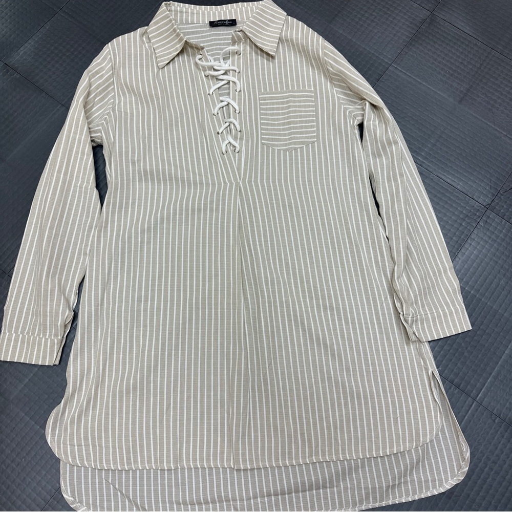 SUCREFAS WOMENS LARGE TAN WHITE STRIPE SWIM SUIT COVER UP